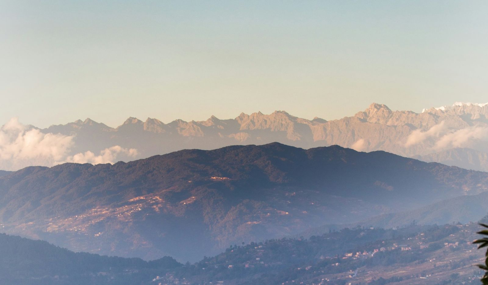 Himalayan ridges rising beyond the hills and villages of Dhulikhel, Nepal